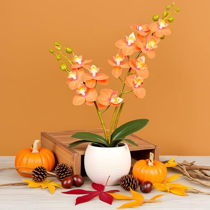 Artificial Orchid Orange Flower Potted in White Pot, Real Touch Faux Phalaenopsis Orchid for Wedding Home Office Party Decor