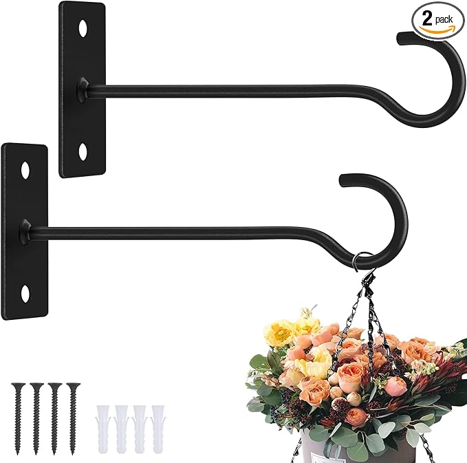 Plant Hooks 2Pack Hanging Plant Bracket 6inch Metal Plant Hanger Decorative Plant Hook for Bird Feeders, Planters, Lanterns, Wind Chimes, Home Decor Indoor Outdoor (Black)