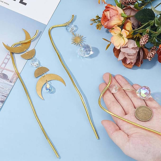 3Pcs Small Metal Trellis Gold Plant Support Stake Brass Plant Stake Cute Plant Decoration with Sun Moon Pendant for Garden Potted Plant Hoya Pothos Flower Monstera