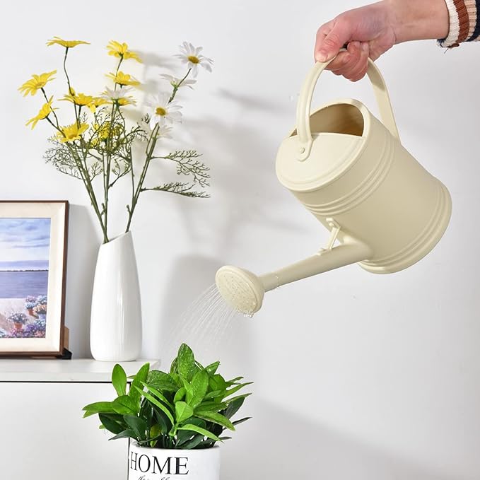 Plastic Watering Can for Indoor Plants Outdoor Garden Flowers - House Plant Watering Can with Sprinkler Head (1/2 Gallon, Ivory)