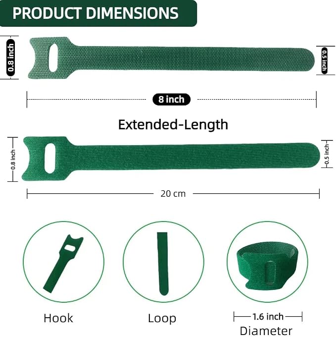 Green, Reusable, 100PCS, 8inch Adjustable Anti - Slip Nylon Plant Ties & Straps Featuring Hook and Loop Fasteners - Optimal for Climbing Plants Support Christmas Garland Ties (8 in x 0.5 in)