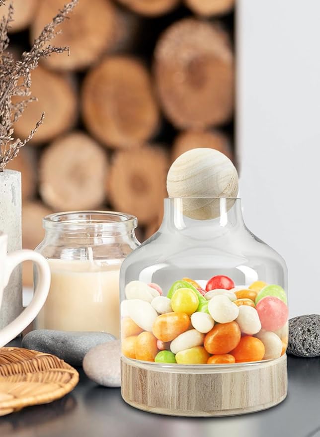 Serene Spaces Living Small Woodland Glass Terrarium - Wooden Base & Ball Stopper, Plants and Succulents Sanctuary, Potpourri Holder & Decorative Showcase for Home Décor, 7" Diameter & 10" Tall