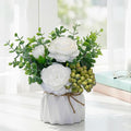 LADADA Artificial Flowers with Vase – White Peony Fake Floral Arrangement with Eucalyptus Leaves and Green Berries for Tabletop Decor, Bathroom, Bedroom, Office Desk Decor