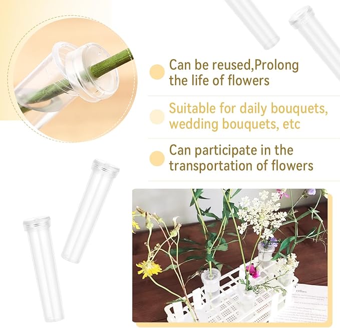 Vials for Flower Arrangements 2.8 Inch Floral Water Tubes Plastic Floral Vials with Caps (Clear, 20 Pack)