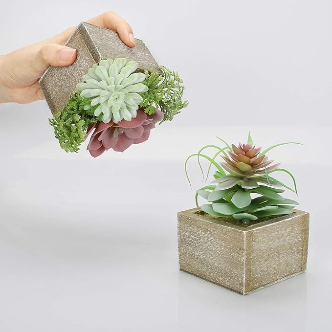 Succulent Plants Artificial, 3 Pack Small Fake Plants in Wood Pot for Home Decor, Farmhouse Artificial Plants Indoor for Living Room Bathroom Bedroom Office Kitchen Desk Wedding Coffee Table Decor