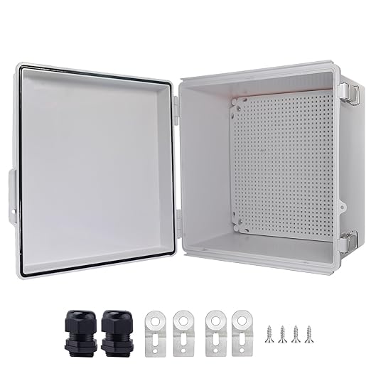 Waterproof Junction Box, ABS Plastic Electrical Box with Stainless Steel Latch, Hinged Cover Electric Project Enclosure Box with Mounting Plate, Wall Brackets 13"x13"x6.7"