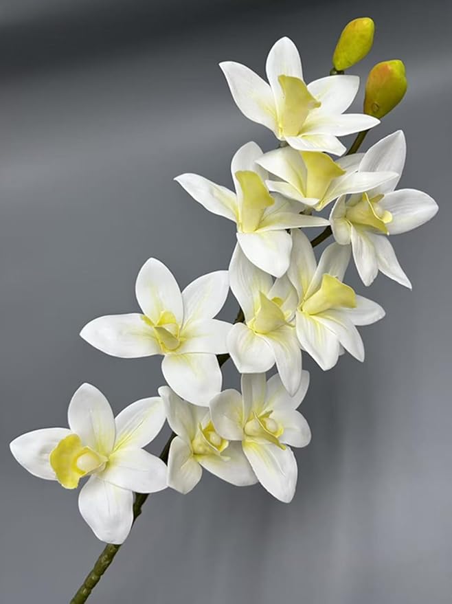 4pcs Artificial Cymbidium Orchid Flower Plant 3D Print Vanda 10 Heads Latex Phalaenopsis Flower (Yellow Heart White)