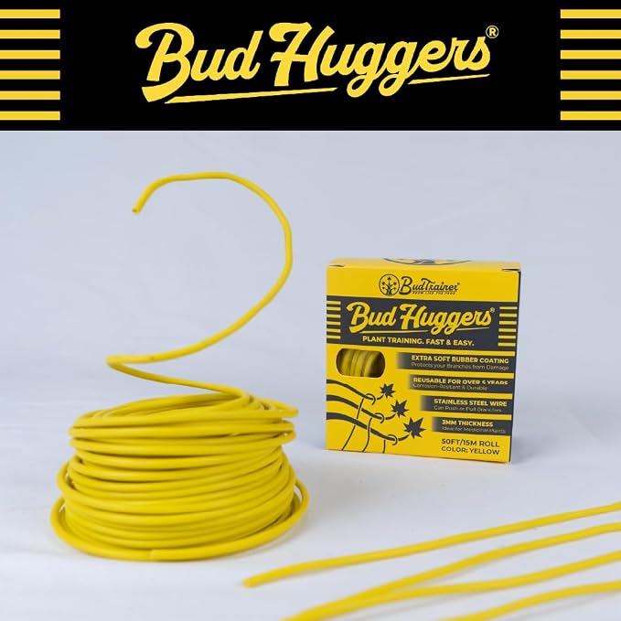 BudHuggers (Yellow) for Optimal Plant Training | 50ft (15M) | 3mm Thick Garden Wire Ties | Flexible & Durable | Rubber Plant Ties to Yield Bigger Buds, Stronger Branches & Larger Canopies