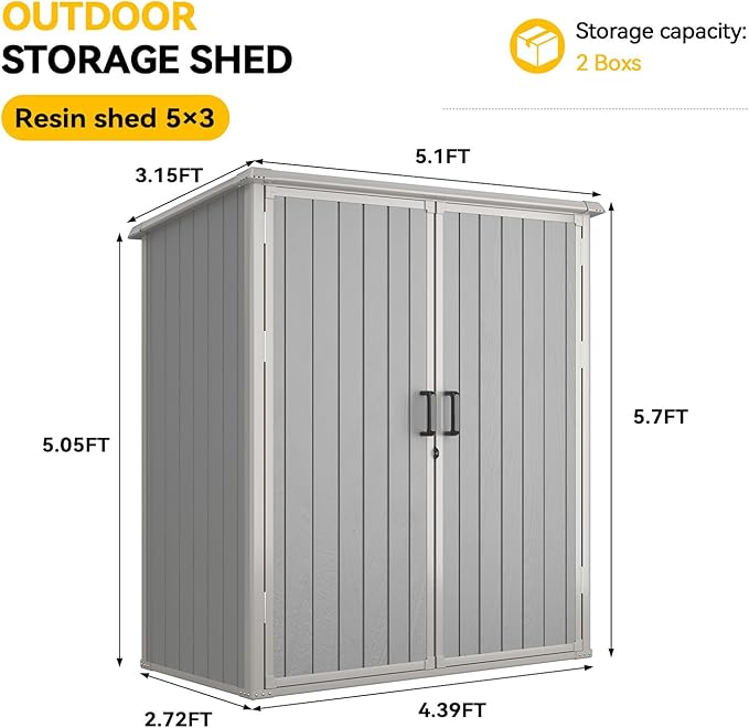 Aoxun 5x3 FT Outdoor Storage Shed, Plastic Resin Garden Shed with Floor for Patio, Lawn, Outdoor Storage Cabinet with Lockable Door for Bike, Tools, Garbage Can, Grey