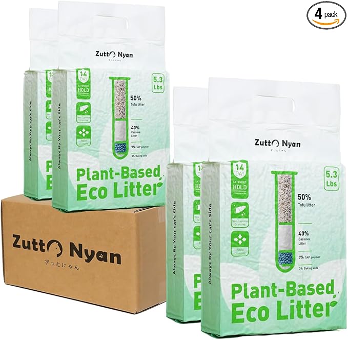 Zutto Nyan 4 in 1 Cassava Cat Litter - Advanced Fast Clumping, Flushable, Low Tracking, 99% Dust Free. Natural Plant Based,Pet Friendly, Great for All Cats, Sensitive Paws, Kittens(5.3 lbs x4 Bag)