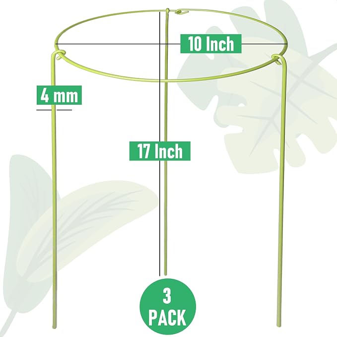 3-Pack Heavy Duty Plant Stakes and Supports for Indoor Outdoor Plants, Metal Support Stakes & Cage Rings, Ideal for Monstera, Peonies, Roses (10" W x 17" H)