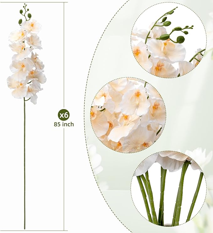 6 PCS Artificial Orchid Stems 33.5" Tall 9 Large Petals Fake Champagne Phalaenopsis Flower Arrangements for Home Wedding Living Room Table Centerpiece Office Table Decor Champagne