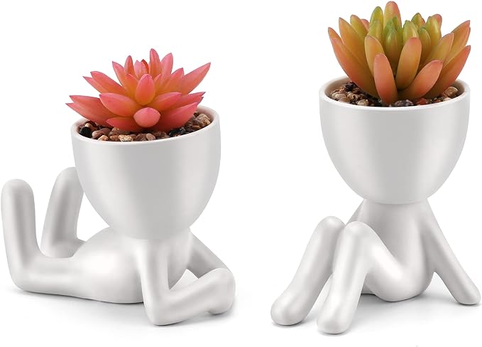 Fake Succulent, Mini Succulents Plants Artificial in White Modern Human Shaped Ceramic Pots Cute Pink Succulent for Office Decor for Women Girls, Desk Plant Cute Bathroom Decor 2PCS