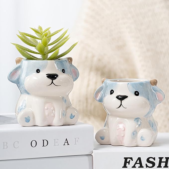 DIYOMR Cute Animals Planter, Mini Ceramic Cartoon Animal Shaped Succulent Flower Pot Indoor Air Plants Holder, Smooth Shiny Decorative Flower Cactus Planter - Plants Not Included (Cow)
