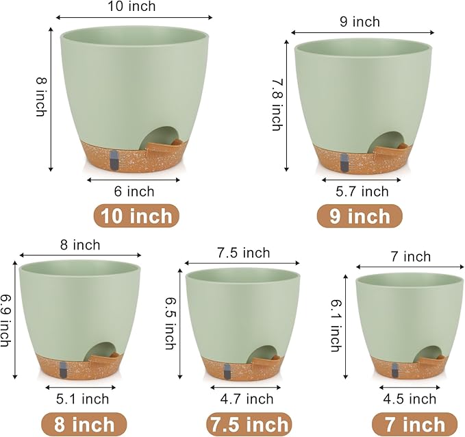 QRRICA Plant Pots 10/9/8/7.5/7 Inch Self Watering Pots, with Drainage Holes and Saucers,Water Level Indicator & Deep Reservoir,Large Plastic Planter for Indoor Out Door Plants (Green)