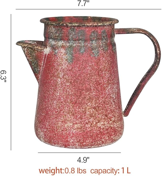 Vintage Pitcher Vase Rustic Farmhouse Vase for Flowers Vintage Metal Milk Jug Small Decorative Pitcher Shabby Chic Decor for Home, Kitchen, Bathroom, Red