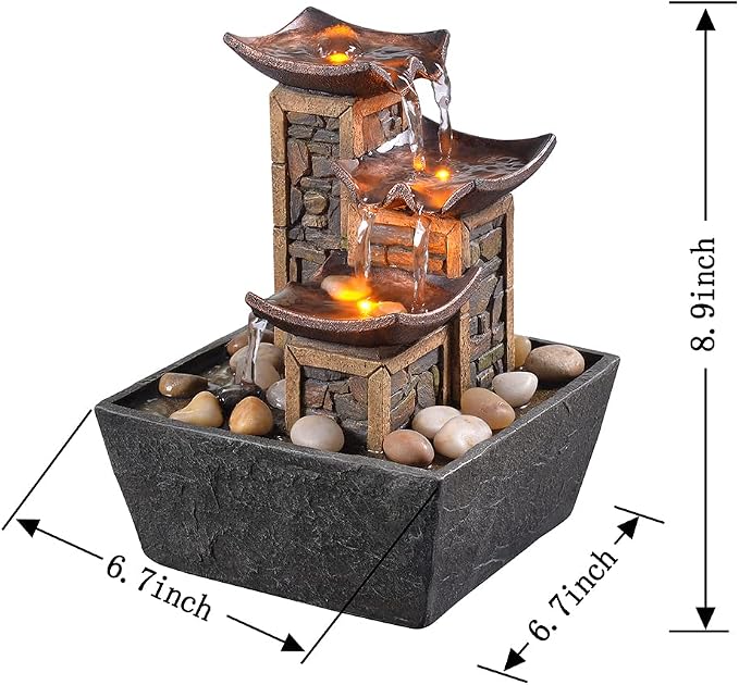 GOSSI Indoor 3-Tier Tabletop Water Fountain with Soothing Sound, Simulation Stone Pillar Design, Natural River Rocks, Reflective Lighting for Meditation and Relaxation