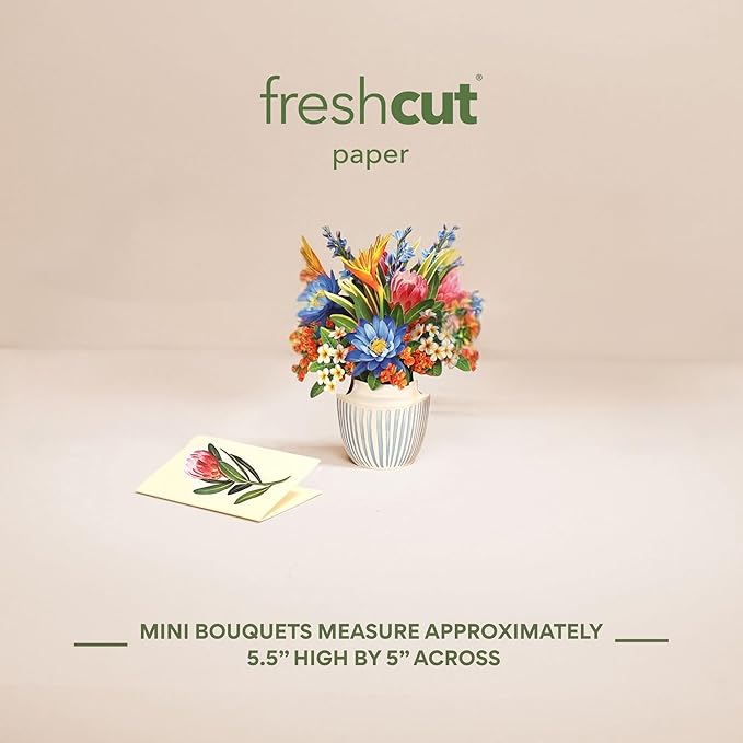 Freshcut Paper Mini Tropical Paradise Pop Up Cards, 6 Inch Mini Sized Forever Flower Bouquet 3D Popup Greeting Card, Birthday Cards, Valentine's Day Card, Blank Notecard & Envelope
