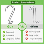 6 Pack 12 Inch Extra Large S Hooks for Hanging Plants, Rust-Proof Heavy Duty Tree Branch Hooks Plant Hooks Outdoor for Hanging Bird Feeder,Patio,Indoor Uses