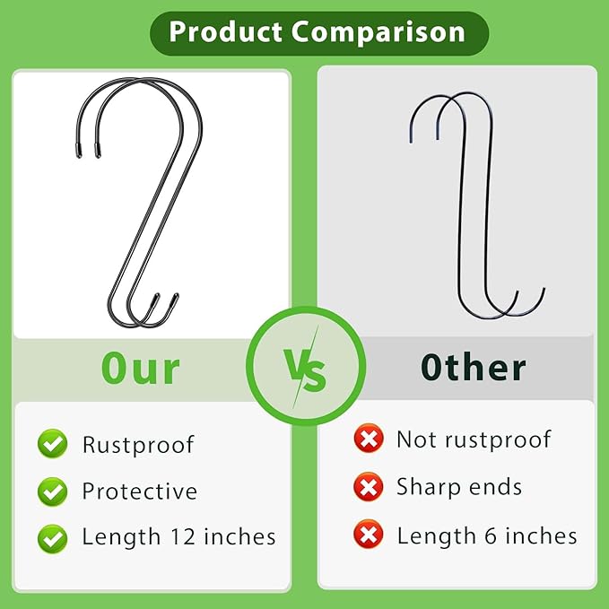 6 Pack 12 Inch Extra Large S Hooks for Hanging Plants, Rust-Proof Heavy Duty Tree Branch Hooks Plant Hooks Outdoor for Hanging Bird Feeder,Patio,Indoor Uses