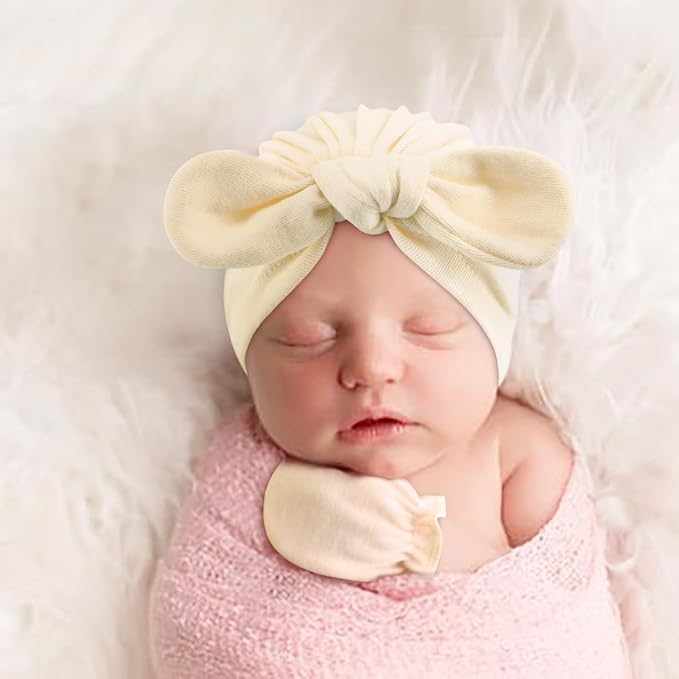 BQUBO Baby Turban Hats and Mittens Set Newborn Infant Hospital Hats Caps with Bows for Baby Boys Girls 0-12 Months