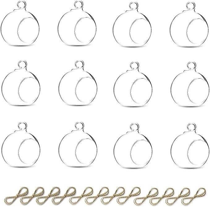 Nuptio 12 Pcs Hanging Tea Light Candle Holders Mini Glass Candle Holder 2.36" Diameter Baubles Globe Garden Ornament, Tealight Holders for Christmas Halloween Wedding Party Decorations for Reception