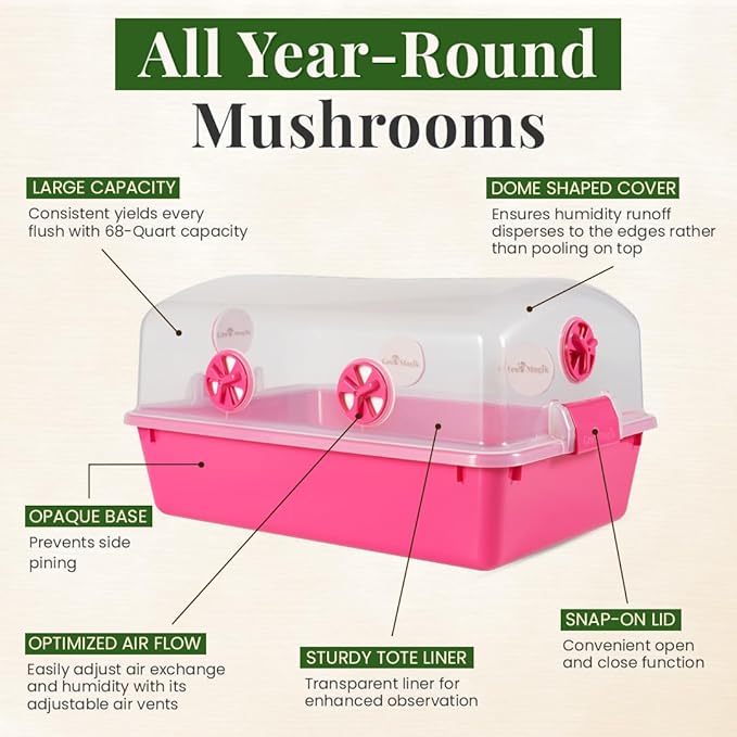 Premium Mushroom Monotub Grow Kit [XLarge, 68Q] Portable and Compact Fruiting Chamber with Plugs, Filters and Adjustable Air Vents, 22.8 x 15.7” x 12”, Pink