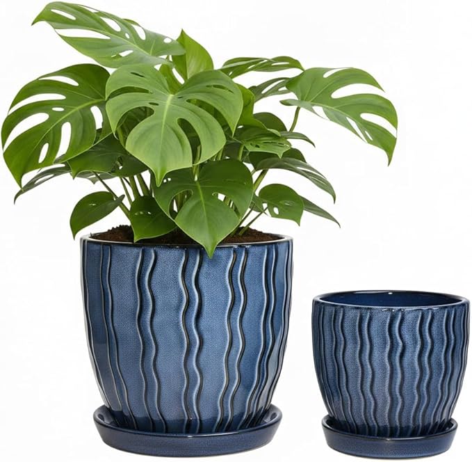 Ceramic Plant Pots, 4.5+5.5 Inch Small Plant Pots, Flower Pots Indoor Planters with Drainage and Tray, Modern Indoor Plant Pots for Home and Office, Indoor Planters with Drainage (Glaze Blue)