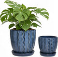 Ceramic Plant Pots, 4.5+5.5 Inch Small Plant Pots, Flower Pots Indoor Planters with Drainage and Tray, Modern Indoor Plant Pots for Home and Office, Indoor Planters with Drainage (Glaze Blue)