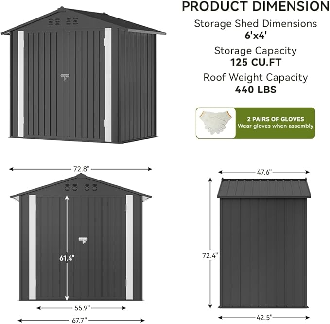 COMHOMA Shed Outdoor Storage Shed Metal,Lockable Doors Tool Sheds with Sloping Roof,Steel Garden Shed with Air Vent for Backyard,Patio,Lawn,Poolside(Grey,6'x4')