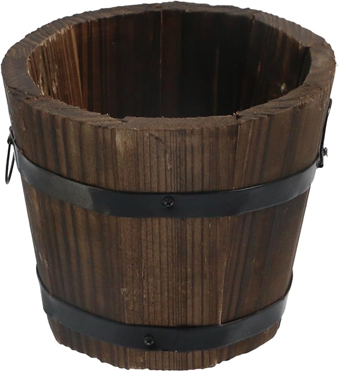 MY MIRONEY Plant Pots, Vintage Wooden Barrel Planter - Solid Rustic Garden Flower Pot with Metal Handles & Frame for Indoor Planter, Office Home Decor, Garden Home Plants, 4.72" x 3.94"
