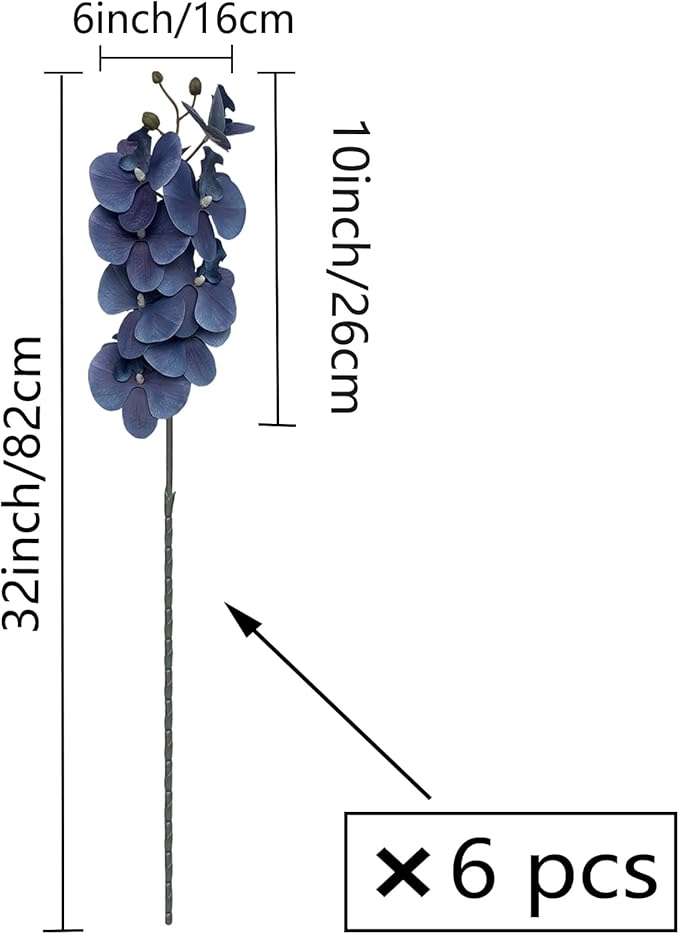 FagusHome 32 Inch Artificial Phalaenopsis Flowers 6 Pcs Artificial Orchid Flowers Stem Plants for Home Décor (Dark Blue)