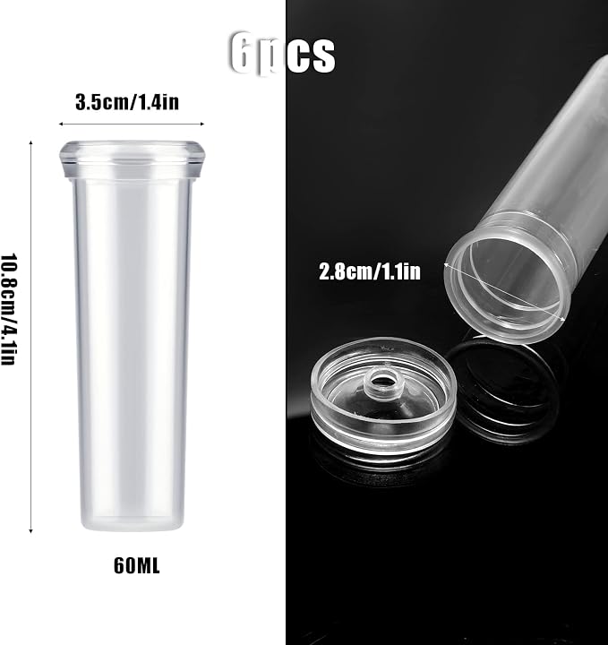 AIEX 6pcs 60ml Flower Water Tubes with Lid, Large Plastic Floral Water Tubes, Flower Tubes for Fresh Flowers Sunflower Milkweed Cutting Arrangement 4.1x1.8inch/10.8x3.6cm (Transparent)
