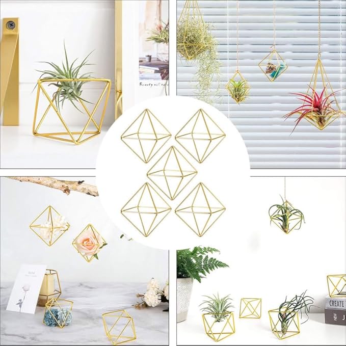 Homoyoyo 5 Pack Geometric Air Plant Holder - Gold Metal Himmeli Stand for Tillandsia, Minimalist Airplant Display Rack for Home Office Desktop, Modern Indoor Plant Decoration (2.6 x 2.6 inch)