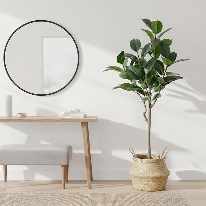 Set of 2 Artificial Rubber Tree 4ft Indoor with Lifelike Leaves and Trunks, Artificial Plants in Pot Ideal for Home Office Decor, Living Room Bedroom Bathroom Corner