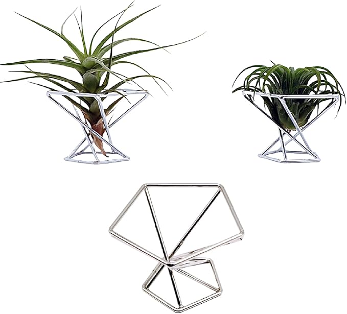 Geometric Air Plant Holder Airplants Rack Metal Plants Stand Planter Shelves Himmeli Living Decor Tillandsia Pot Containers (Silver 3pcs)