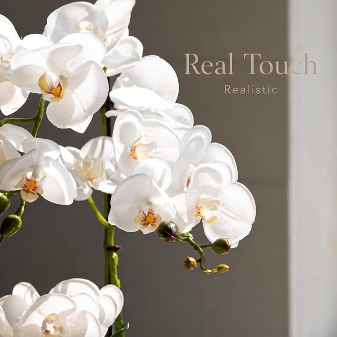 Avoeco Artificial Real Touch Orchid Plant – 20″ Faux Phalaenopsis in Pot – Highly Realistic Silk Orchid Flower & Leaf Texture for Home, Office,Shop & Wedding Décor (1 White, 20”)