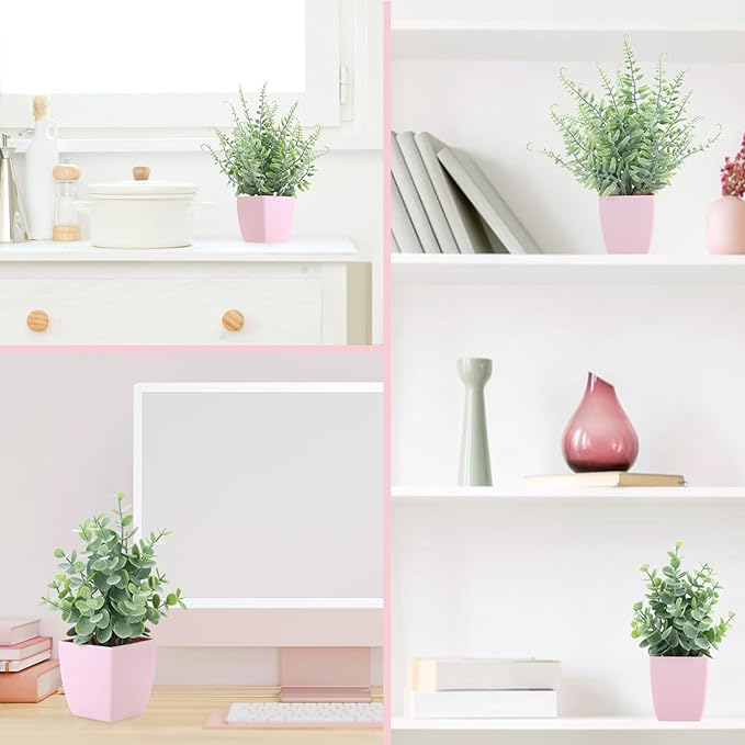 summer flower 2 Pack Small Fake Plants in Pink Pot Artificial Plant Eucalyptus Faux Potted Greenery Wheal Grass for Home Decor Indoor Bathroom Office Desk Shelf Bedroom Kitchen Cabinet Decorations