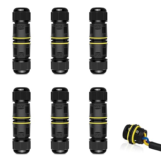 Waterproof Electrical Cable Connector,NineLeaf 6PK 3-PIN M20 Extension Electrical Cable Protector for Cable Diameter Ø5-12mm,Outdoor Power Cable Connector Joint for Garden,Water Pond Lights, Black