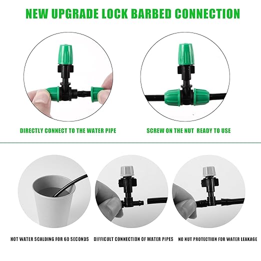 Drip Irrigation Misting Nozzle Kit, 45Pcs Drip Irrigation Parts with 20Pcs 4/7" to 1/4" Barbed Tee Connectors, 20Pcs 1/4" Green Atomizing Misting Nozzles, 5Pcs 4/7" End Caps for Garden Watering