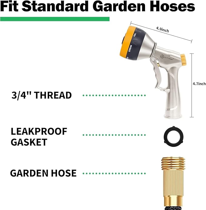 AUTOMAN Garden Nozzle Sprayer, 2 Pack High Pressure Spray Nozzle, 100% Metal Water Hose Nozzle, 7 Patterns Watering Nozzle, Heavy Duty Sprayer Garden Nozzle for Watering Plants & Lawns, Washing Cars