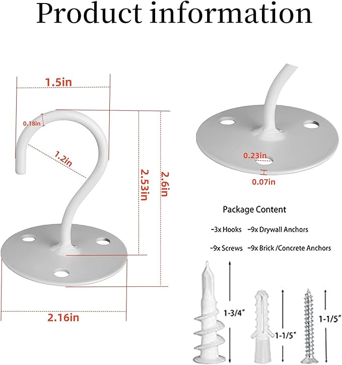 Ceiling Hooks for Hanging Plants-Metal Heavy Duty Wall Mounted Hangers for Hanging Bird Feeders, Planters, Wind Chimes, Include Professional Drywall Anchors(3-Pack) (White)
