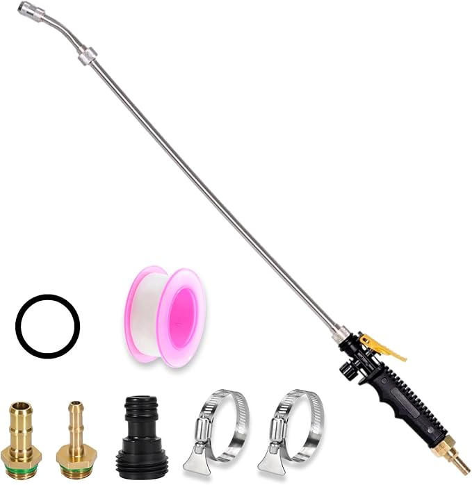29'' Sprayer Wand Replacement, 1/4" & 3/8" Brass Barb Universal Stainless Sprayer Wand with Shut off Valve, Adjustable Watering Wand with 2 Hose Clamps & 1 Tape