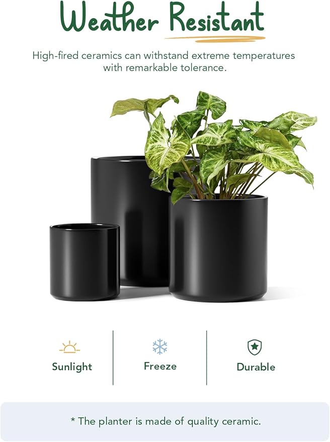 LE TAUCI Ceramic Pots for Plants, 10/8/6 Inch Indoor Planters with Draiange Hole, Silicone Plug & Mesh Pad, Modern Minimalist Pots for Home Office, Set of 3, Satin, Black