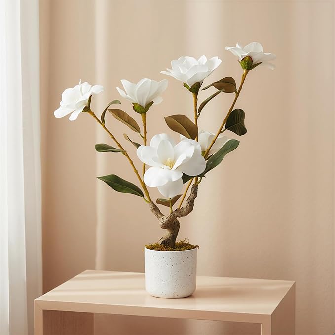 Garvee 2 Pack Artificial Magnolia Tree, 24" Artificial Realistic Magnolia Grandiflora with White Planter and 6 Lifelike Flowers, Fake Potted Flower Plant for Home Office Decor, White