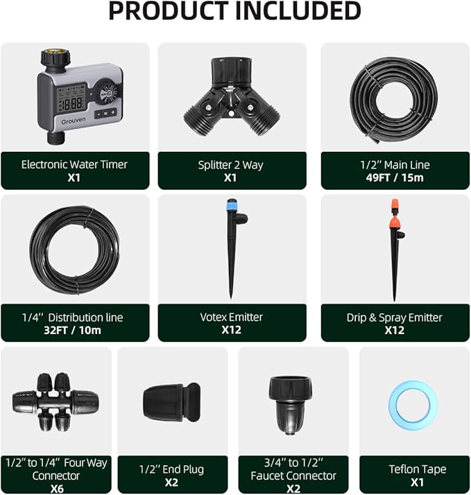 Drip Irrigation System with Water Timer Quick-Connect Automatic Irrigation Kit with 1/2 inch Hose 1/4 inch Distribution Tubing and Accessories DIY Garden Misting System for Yard, Lawn, Patio