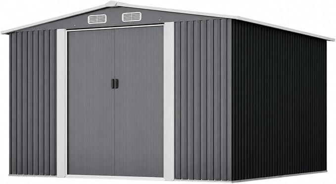 10x8 Metal Storage Shed Outdoor Steel Garden Tool Shed with Sliding Door, Large Utility Shed, Metal Shed for Backyard, Patio, Yard Lawn, Grey