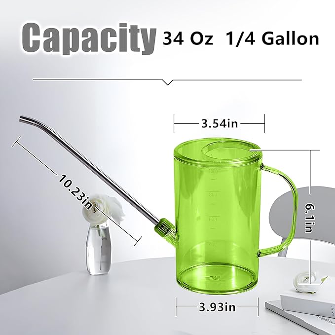 Plastic Watering Can - Small with Long Spout - 1/4 Gallon - 32 Oz - Green