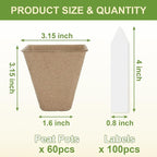 NEWMIAO 60 Pack 3.15 Inch Square Peat Pots, Biodegradable Seed Starter Pots for Seedlings with Single Drainage Hole, Square Nursery Pots Germination Kit Including 100 Plant Labels