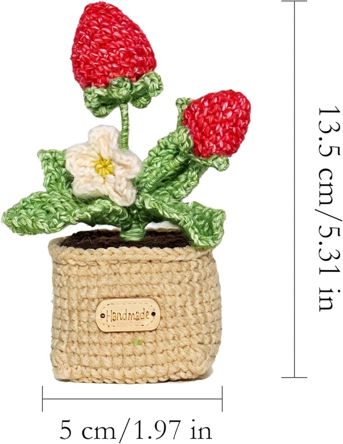 Handmade Crochet Strawberry Plant Pot, Realistic Knit Berry in Bloom, Cute Miniature Potted Strawberry, Pure Cotton Craft, Fake Fruit Home Office Desk Decor, 2.4" x 2.4" x 5.9"